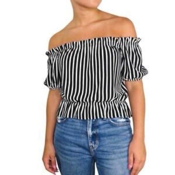 H&M Black & White Off Shoulder Striped Peplum Top Size S - Picture 1 of 6